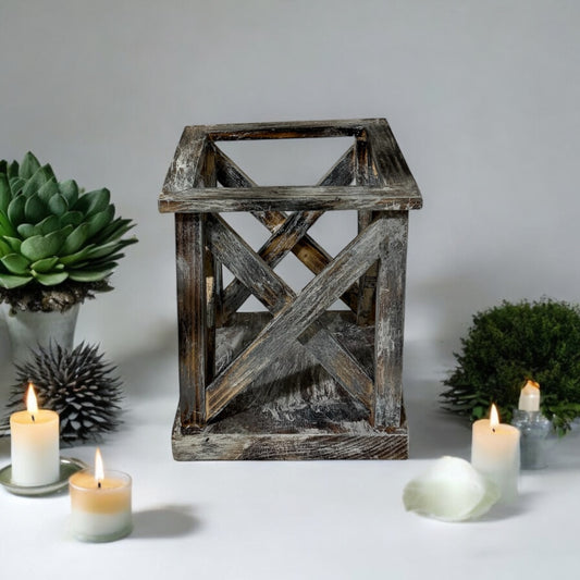 Farmhouse Candle Lantern - Brown & Gray